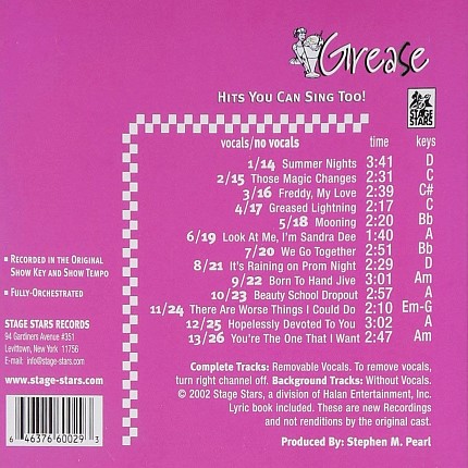 Broadway Musical GREASE - Karaoke Playbacks - CD Rueckseite