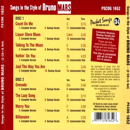 Bruno Mars - Karaoke Playbacks - PSCD 1652 - CD-Rueckseite